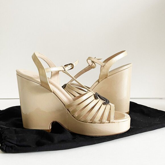 CHANEL - Authentic Interlocking CC Logo T-Strap Wedges - Picture 3 of 6